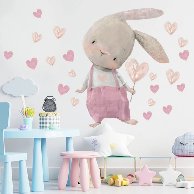 60*40cm Kamar Anak Hias Lucu Bunny Hearts Wall Sticker/Nursery Kawaii Kartun Kelinci Wallpaper Dekorasi