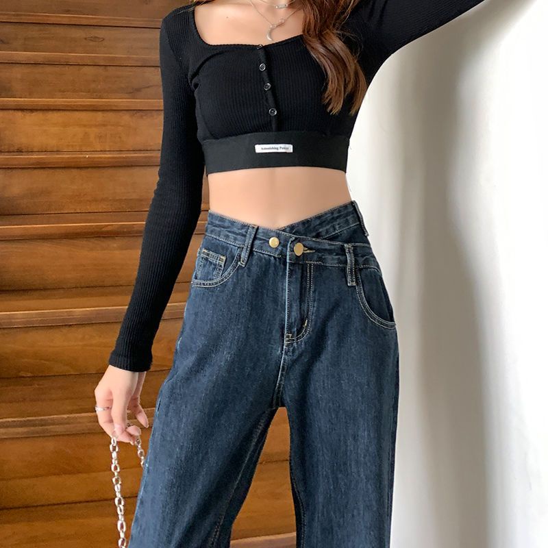 Celana Jeans Korea Wanita Highwaist Oversize Polos Kancing Jeans