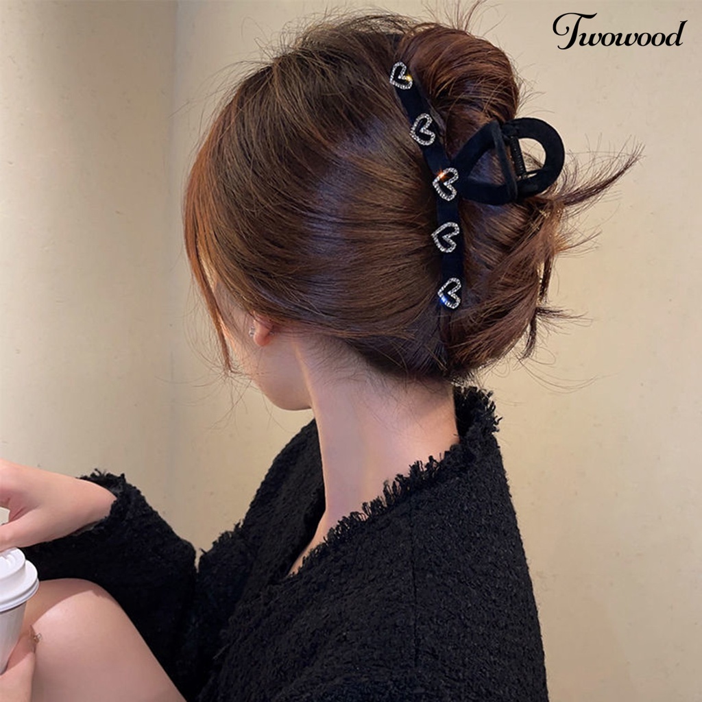 Twowood Hair Grip Elastis Anti-slip Dengan Gigi Bentuk Hati Berlian Imitasi Mengkilap Hias Gaya Manis Berongga Keluar Lady Hair Claw Rambut Styling Aksesoris