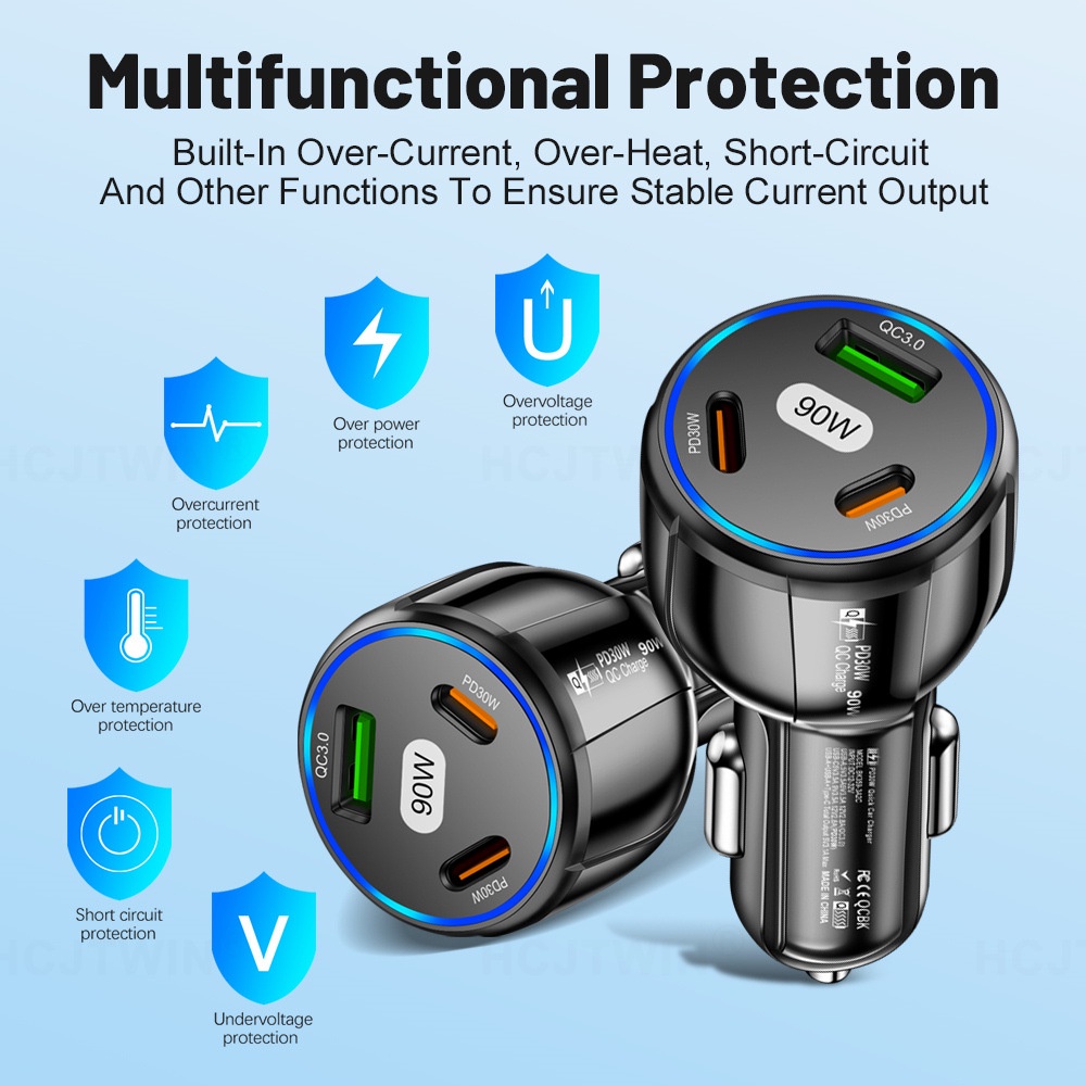 3-port 90W USB PD Charger Mobil PD30W QC3.0 Adaptor Telepon Tipe C Pengisian Cepat Charger Mobil Universal Untuk Ponsel Laptop Tablet Aksesoris Mobil