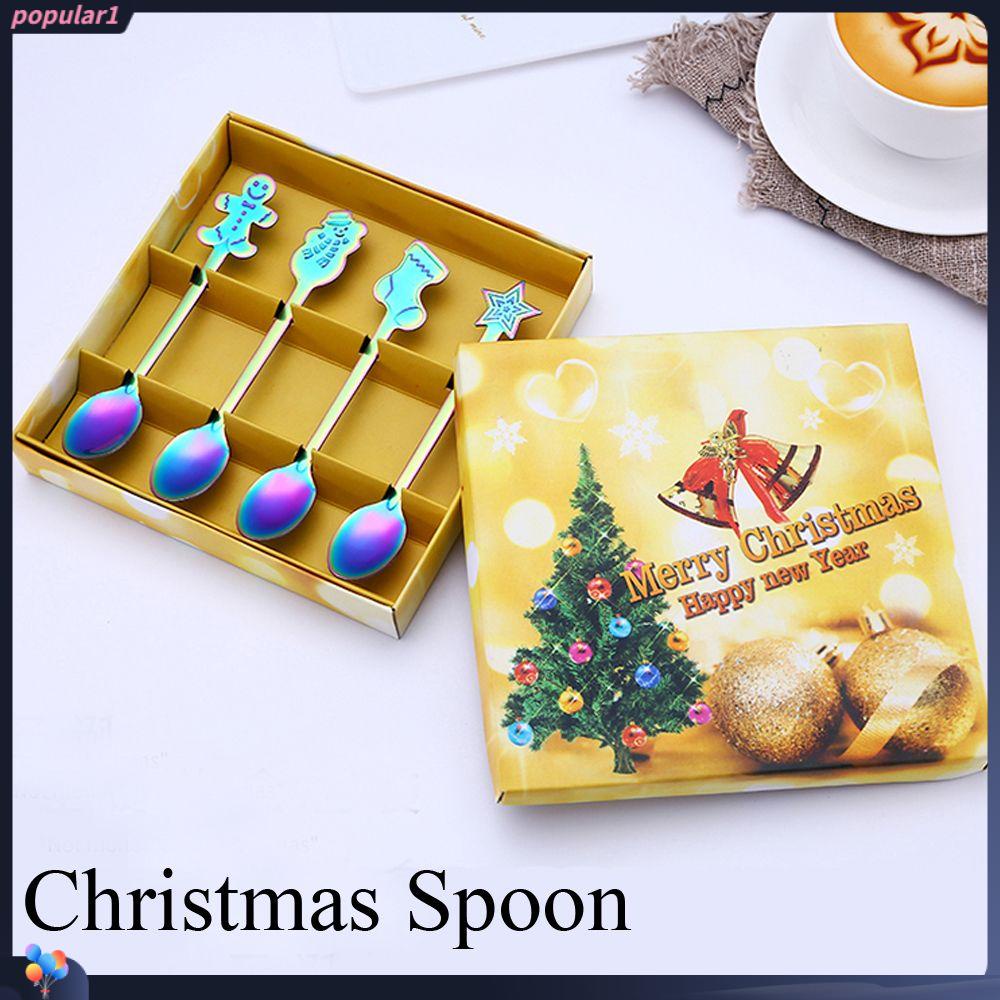 Populer 1/4pcs /set Sendok Kopi Natal Minum Es Krim Stainless Steel Kitchen &amp; Dining Kids Spoon