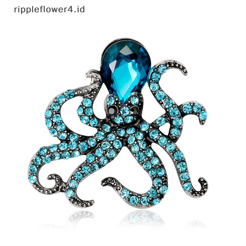 {rippleflower4.id} Gurita Enamel Pin Biru Rhinestones Gurita Bros Pin Untuk Wanita Pria Lucu Hewan Laut Kristal Perhiasan Accesseries Hadiah~