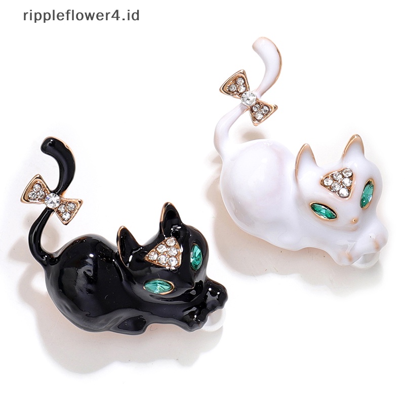 {rippleflower4.id} Temperamen Bertatahkan Berlian Hitam Putih Kucing Bros Retro Korsase Dekoratif Jas Pakaian Lencana Untuk Lady Jewelry Pins~