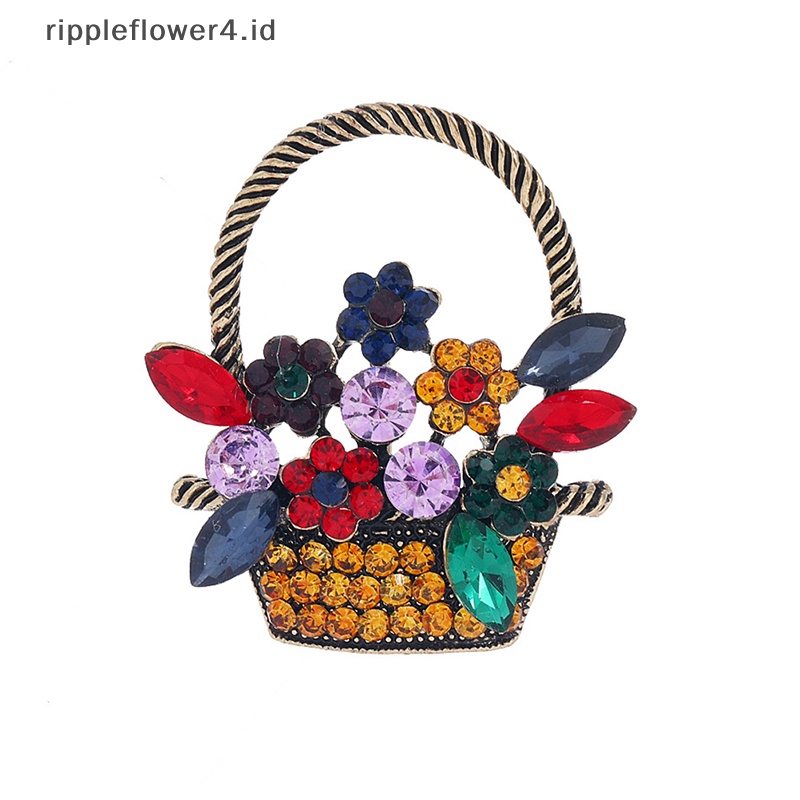 {rippleflower4.id} Vintage Indah Keranjang Bunga Bros Pin Untuk Wanita Fashion Berwarna Berlian Kristal Vintage Perhiasan Pakaian Dekorasi Alloy Pin Aksesoris~