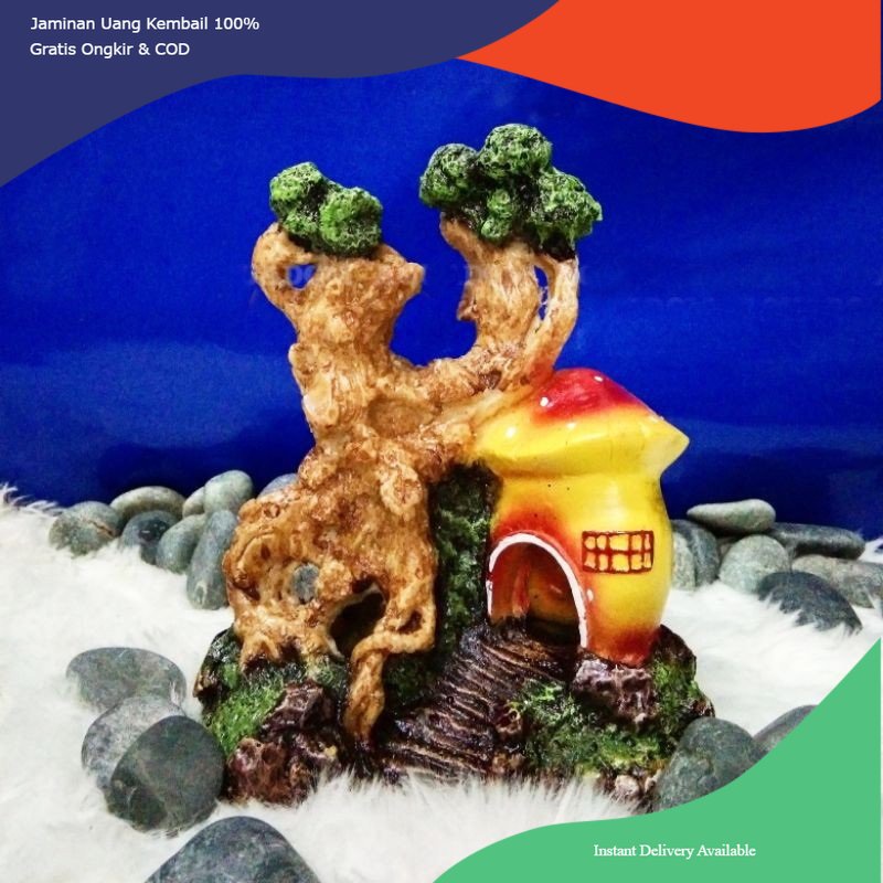 hiasan aquarium rumah pohon jamur, hiasan aquarium jamur pohon, pohon jamur aquarium, jamur pohon aq