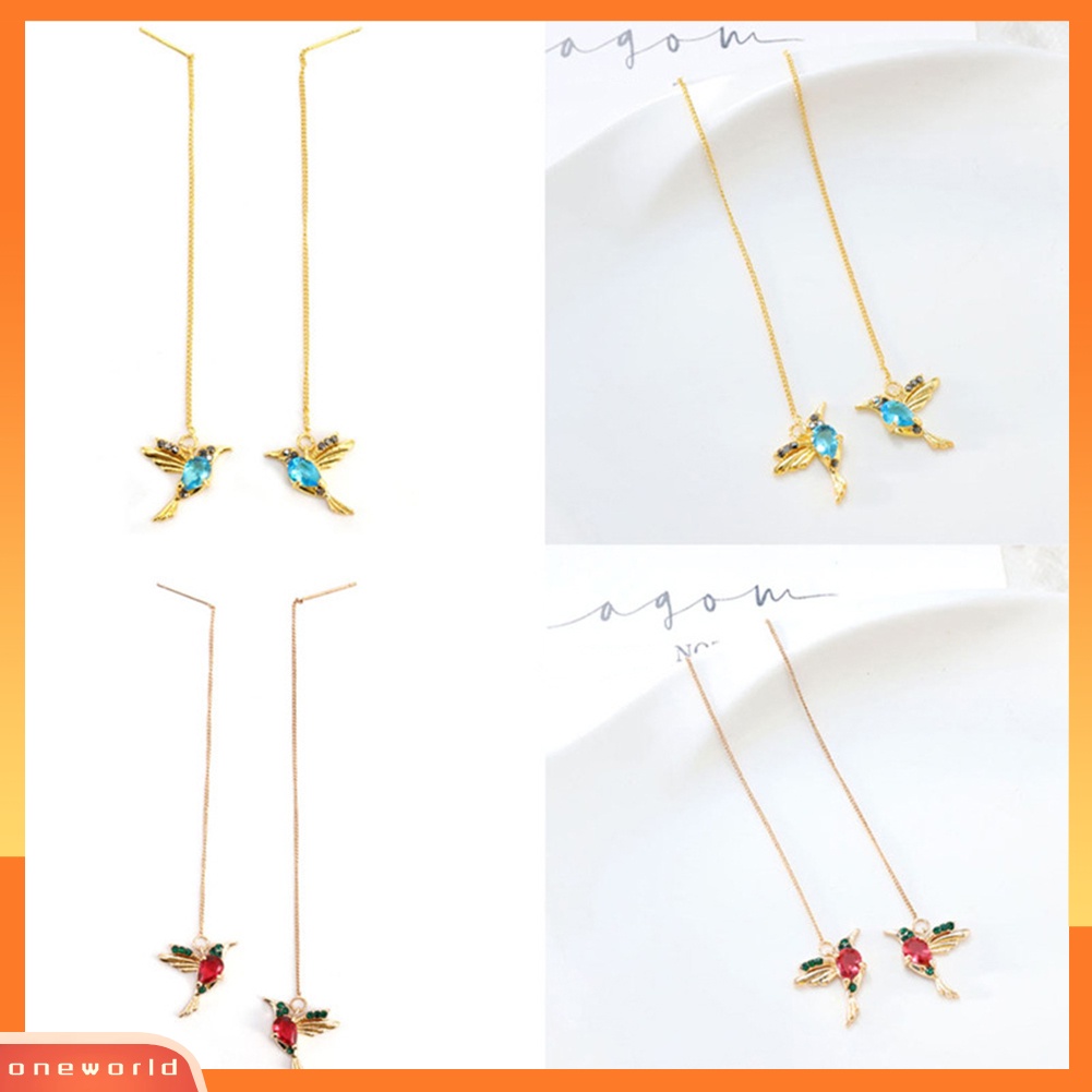 [WOD] Wanita Desain Hummingbird Berlian Imitasi Dekorasi Ear Stud Panjang Rumbai Menjuntai Anting-Anting