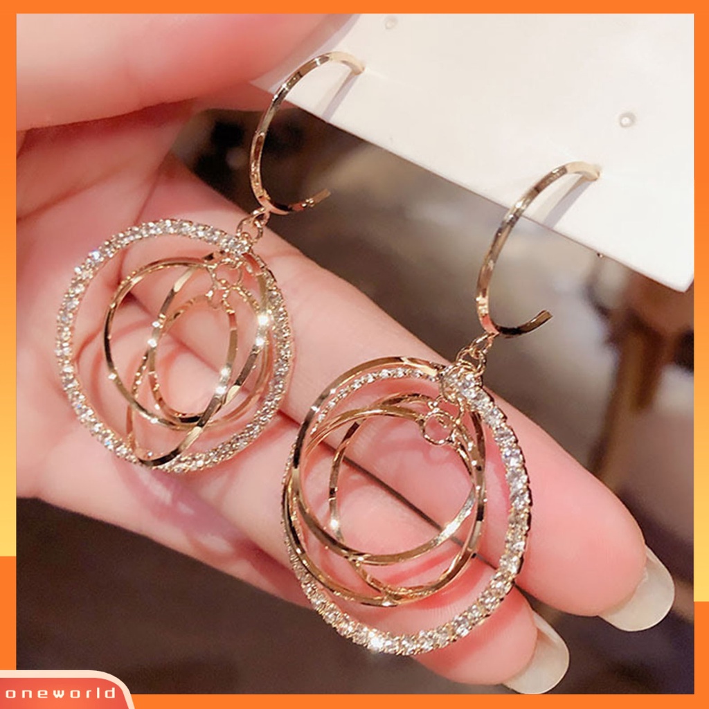 [WOD] 1pasang Anting Hoop Berlian Imitasi Mengkilap Hias Indah Bulat Geometris Ringan Menjuntai Anting Hadiah Pernikahan