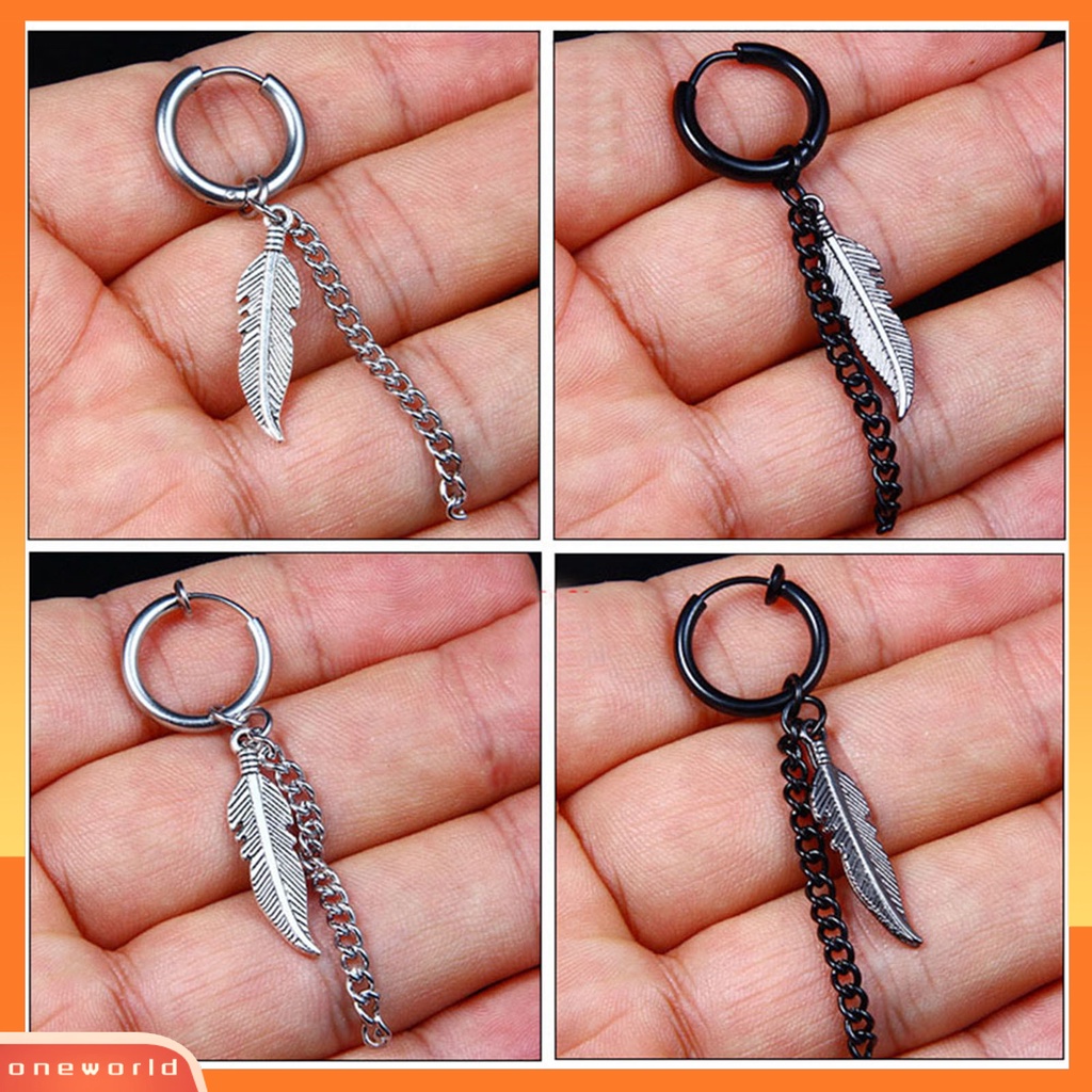 [WOD] 1pcs Fashion Rantai Panjang Klip Telinga Stainless Steel Piercing Loop Hoop Earring Untuk Pria