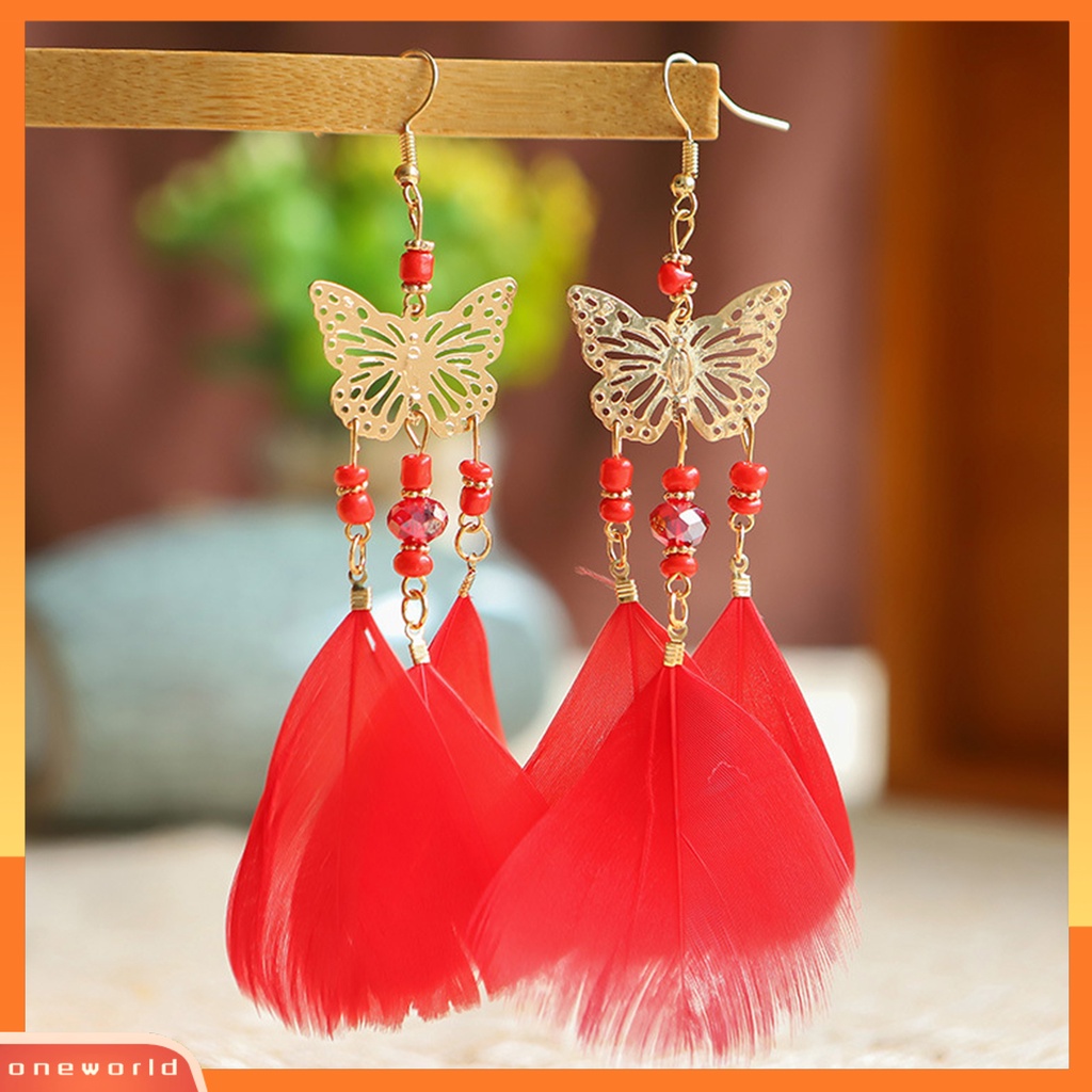 [WOD] 1pasang Anting Lady Bulu Sintetis Bohemia Kreatif Jumbai Etnik Menjuntai Earrings Jewelry