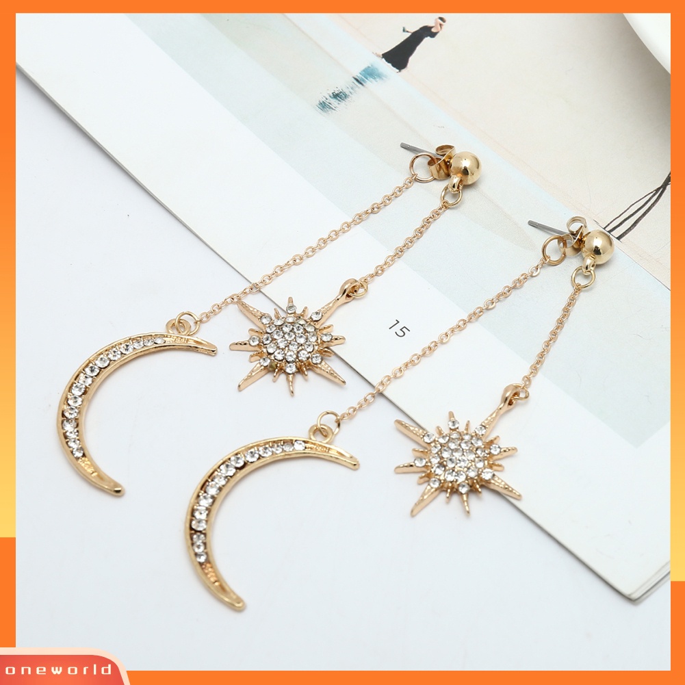 [WOD] Fashion Berlian Imitasi Bintang Bulan Sabit Menjuntai Panjang Drop Anting-Anting Wanita Perhiasan