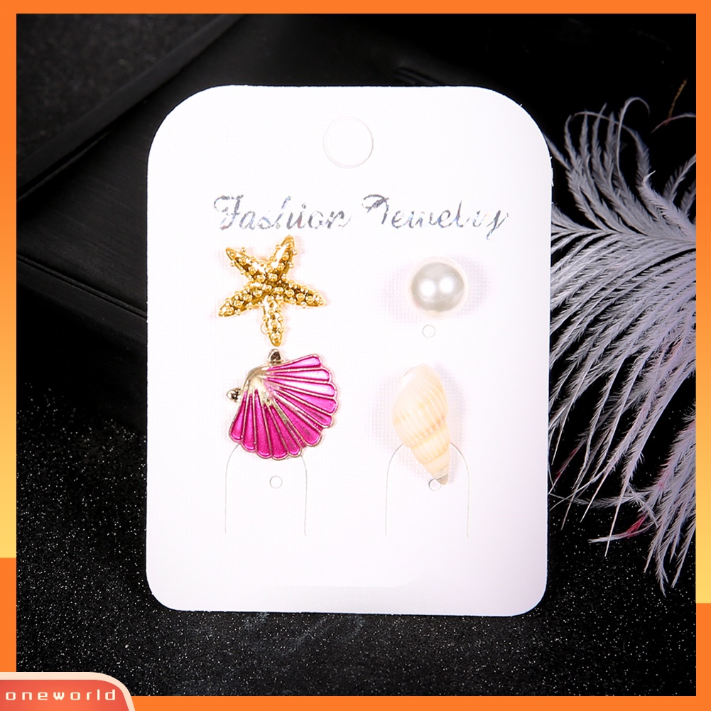 [WOD] 4pcs/set Musim Panas Pantai Bintang Laut Kerang Mutiara Imitasi Wanita Stud Earrings Hadiah