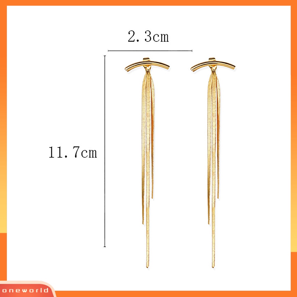 [WOD] 1pasang Benang Panjang Rumbai Menjuntai Anting Logam Glossy Arc Bar Stud Earrings Perhiasan Aksesoris