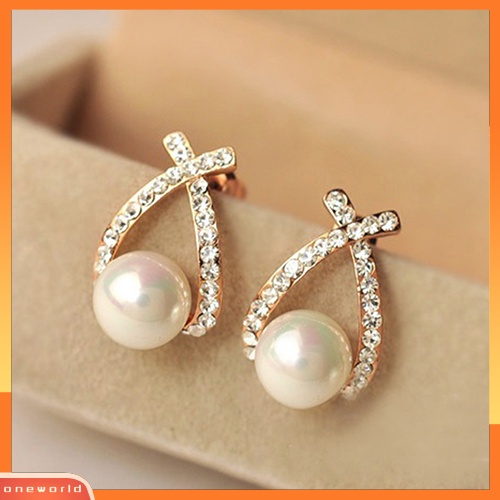 [WOD] Wanita Mutiara Imitasi Ear Studs Earrings Cross Berlian Imitasi Hadiah Perhiasan Pernikahan