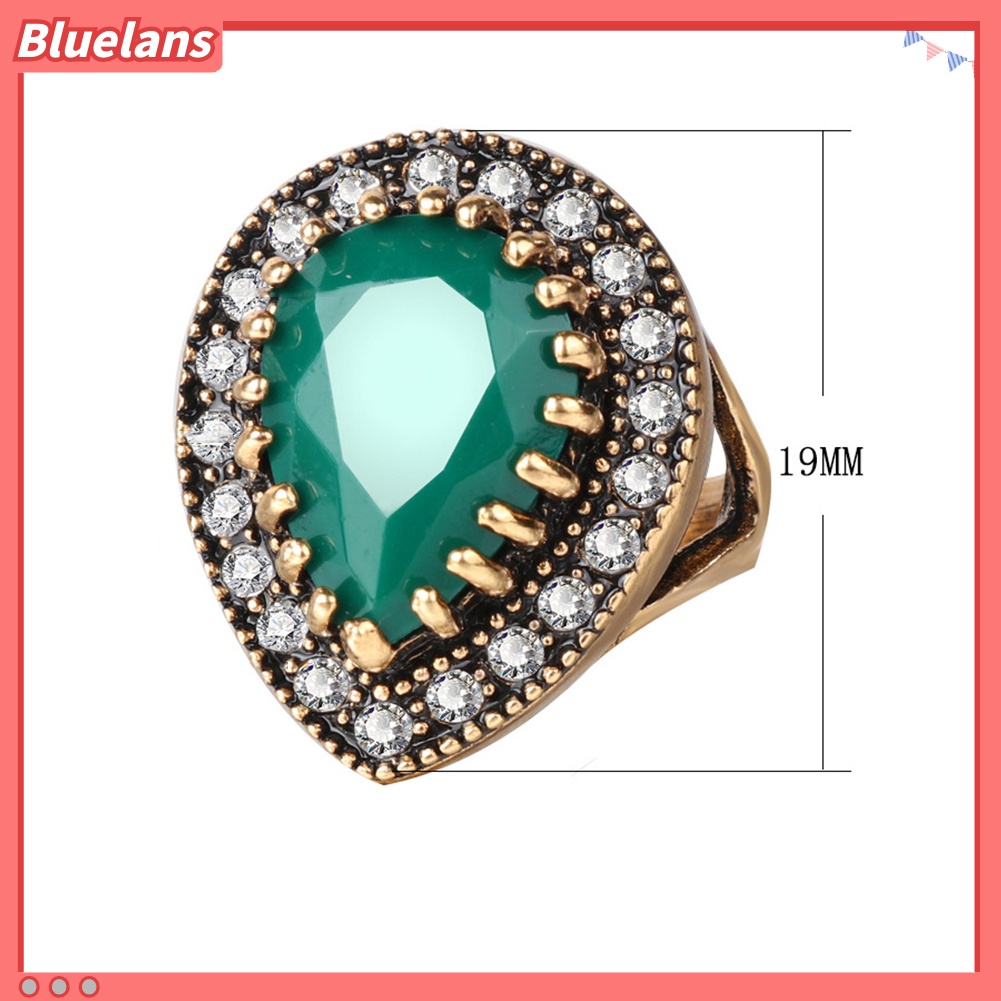 [BLS] Antik Teardrop Resin Berlian Imitasi Mengkilap Bertatahkan Jari Cincin Wanita Perhiasan Hadiah