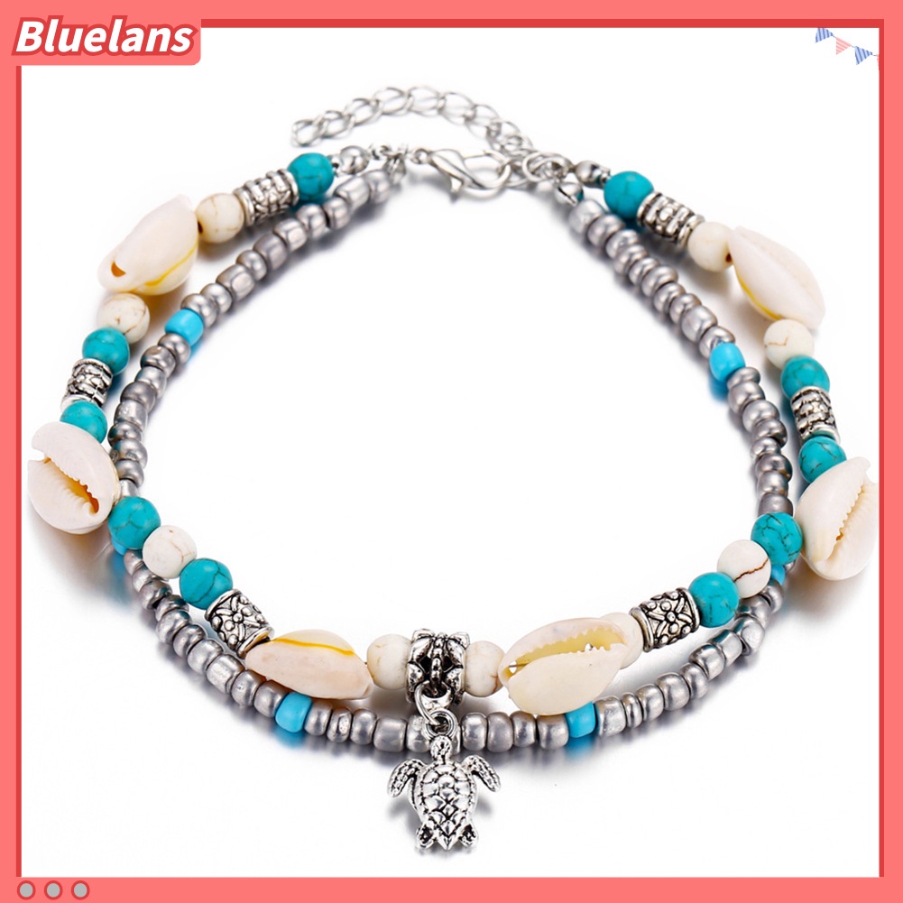 [BLS] Wanita Turtle Charm Faux Turquoise Manik-Manik Lapisan Ganda Gelang Kaki Perhiasan Pantai