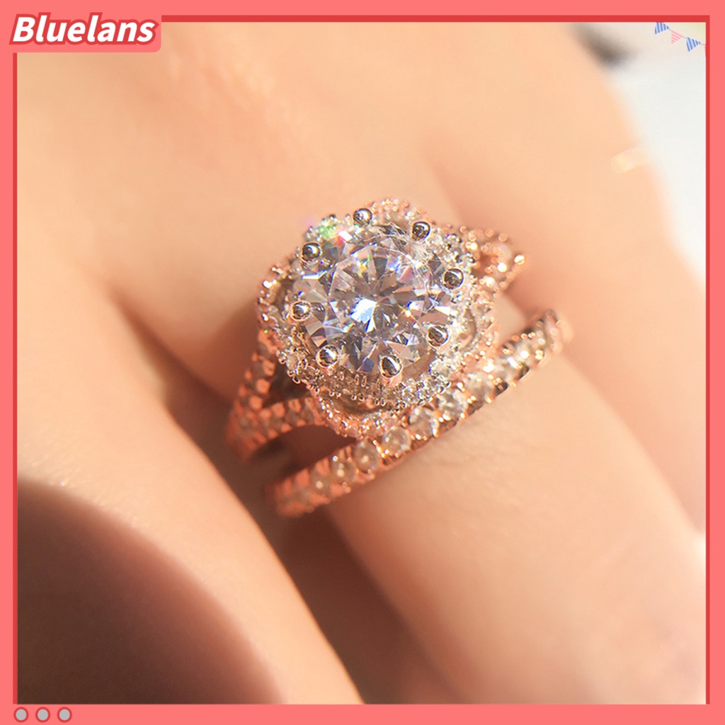 [BLS] 2 Pcs Temperamen Indah Kilau Terang Electroplating Engagement Rings Shiny Rhinestone Women Finger Rings Aksesoris Perhiasan