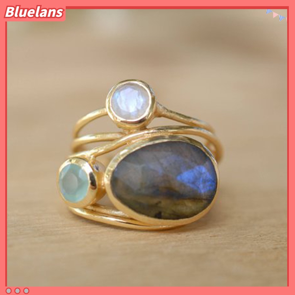 [BLS] Vintage Irregular Multilayer Buatan Moonstone Wanita Jari Cincin Perhiasan Hadiah