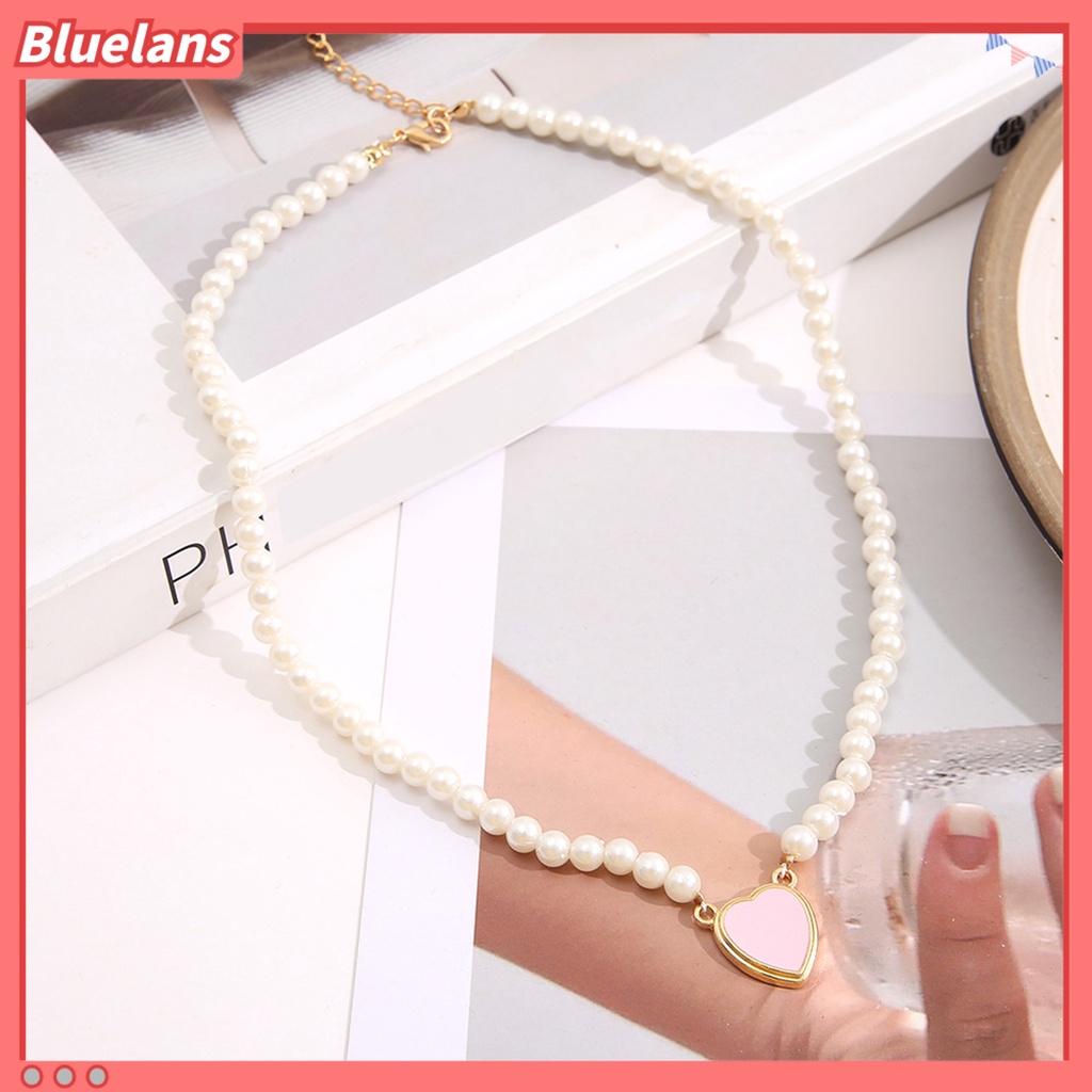 [BLS] Wanita Kalung Cinta Liontin Hati Gloss Tinggi Tidak Luntur Pengerjaan Indah Menghias Aksesori Vintage Imitasi Mutiara Choker Necklace Untuk Pernikahan