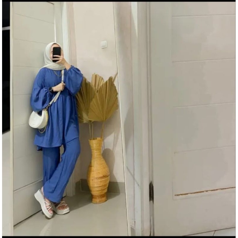 Beca One Set Setelan Cutbray Lengan Balon Pololinen setcel wanita remaja kemeja dan celana terbaru kekinian korean style