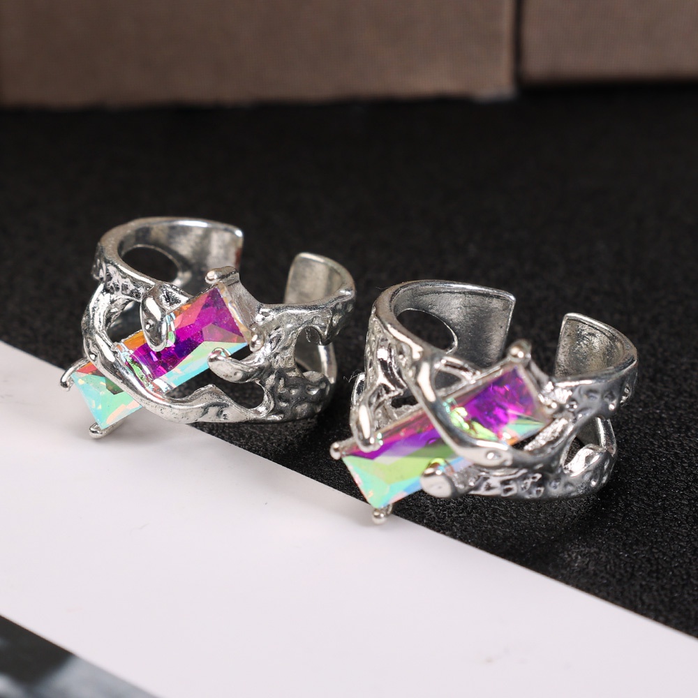 Neo-go cincin kristal berduri berongga / cincin persegi panjang permata ungu Y2K / cincin jari Hip-Hop Punk Unisex / Vintage cincin pembukaan warna perak / wanita pria Fashion perhiasan