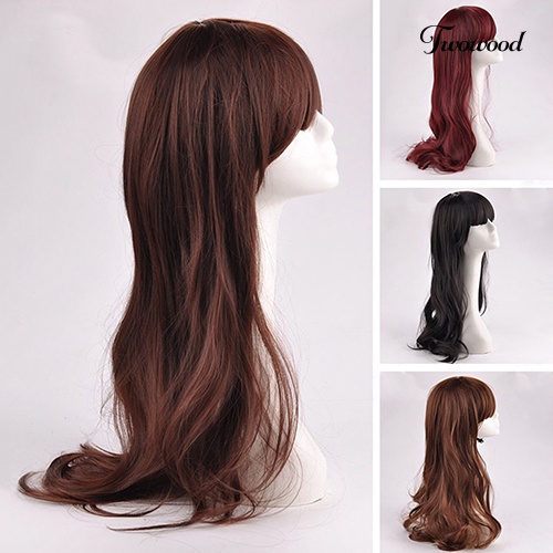 Twowood Fashion Wanita Rapi Bang Panjang Keriting Bergelombang Penuh Rambut Pesta Wig Cosplay