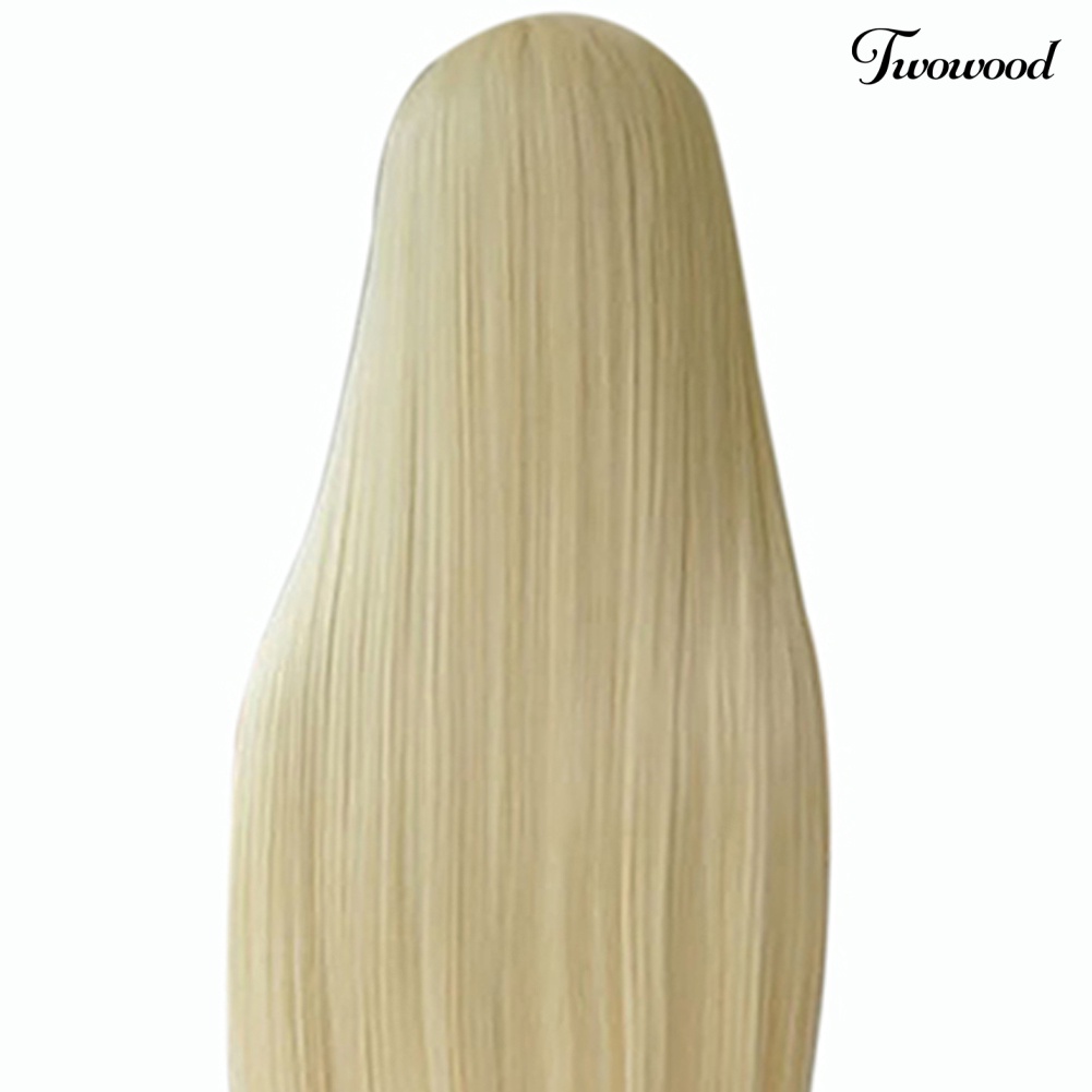 Twowood Wanita Panjang Lurus Full Wig Rambut Pirang Sintetis Ada Poni Cosplay Pesta