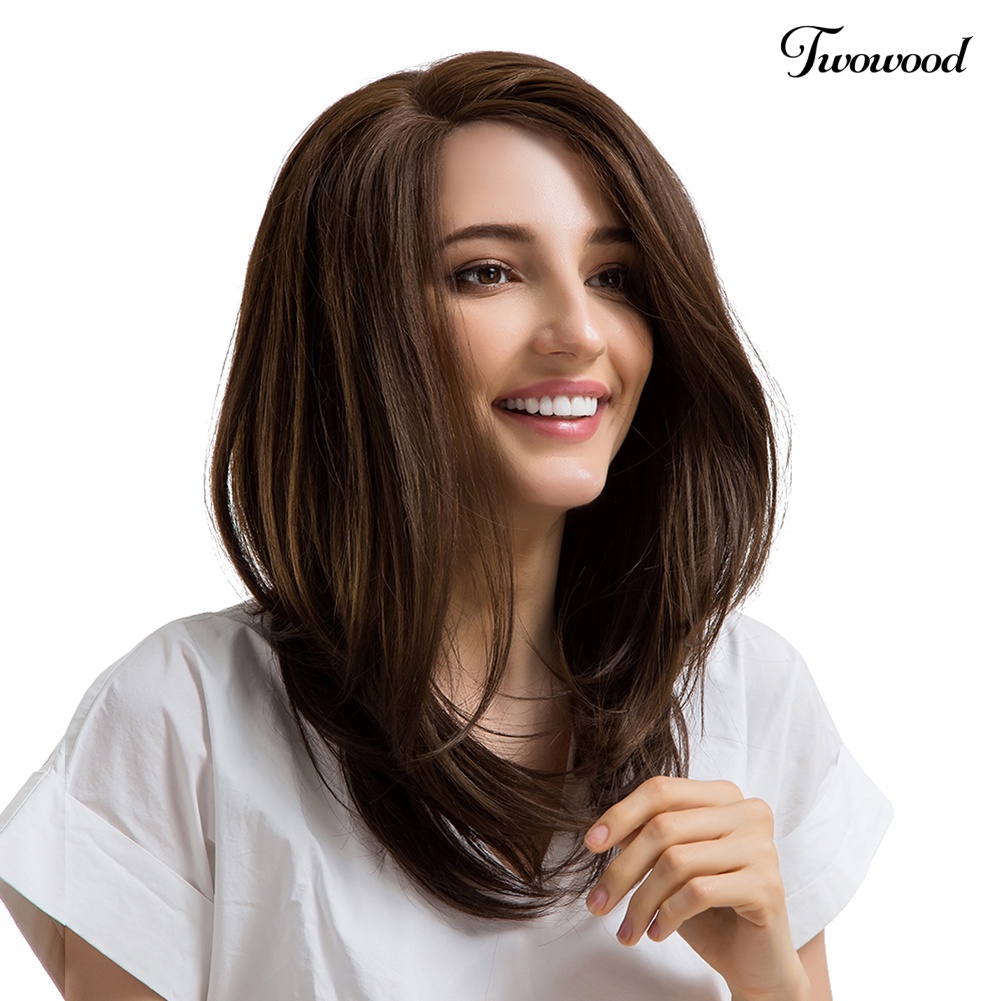 Twowood Fashion Wanita Belah Samping Natural Looking Medium Hair Length Full Wig Sopak