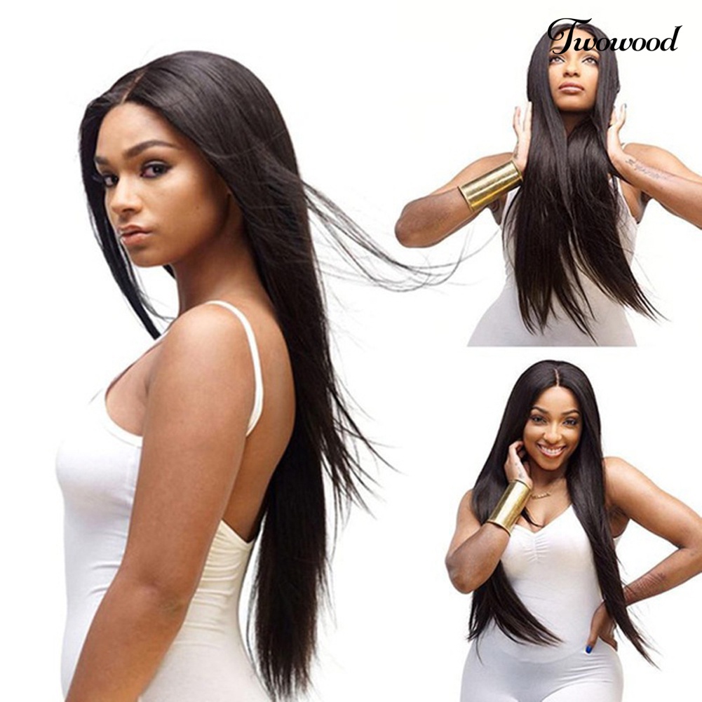 Twowood Wig Panjang Super Long Belah Tengah High Gloss Serat Suhu Tinggi Rambut Sintetis Wig Lurus Hitam Untuk Pacaran