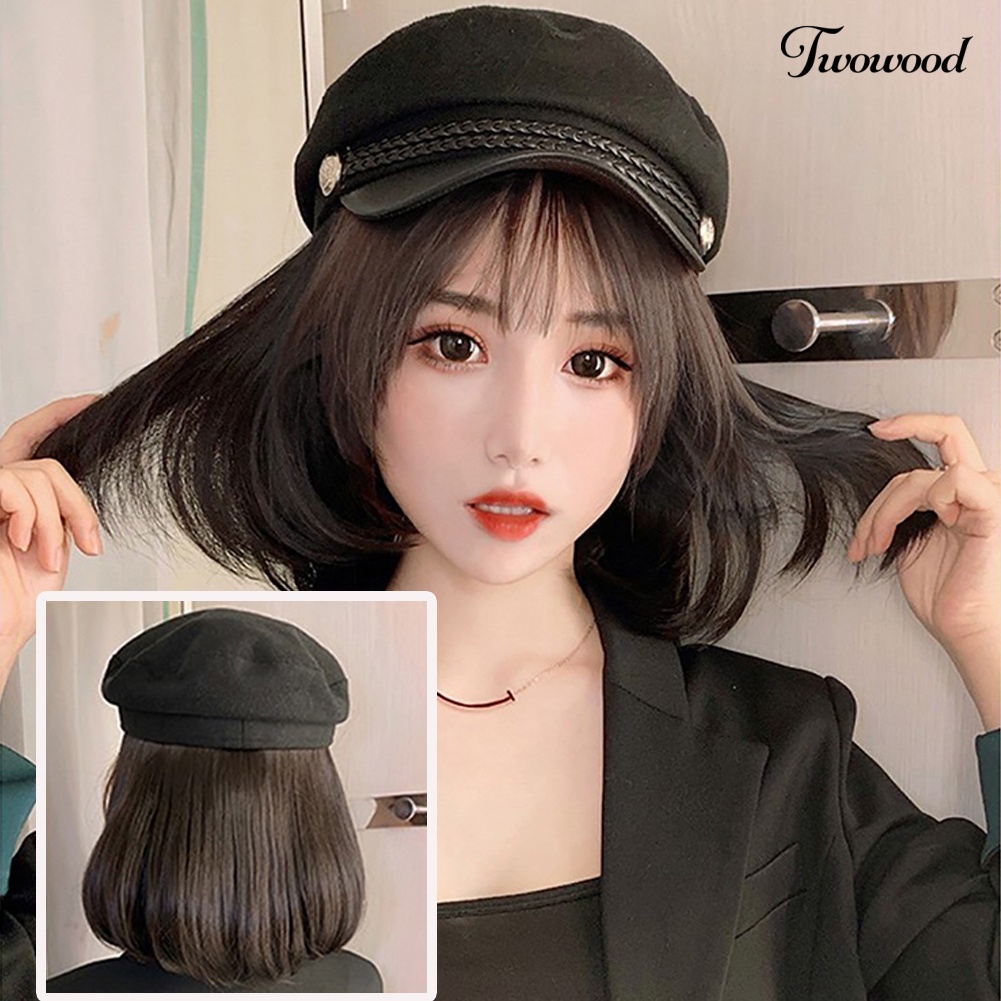 Twowood Wanita Bergaya Bob Lurus Pendek Wig Sopak Rambut Ekstensi Dengan Topi Muncak