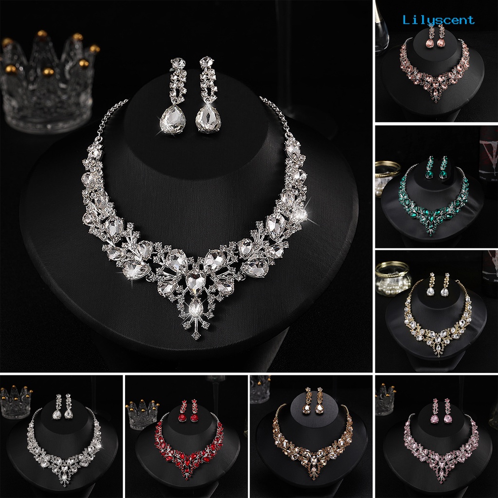 [LS]1 Set Pernikahan Anting Ekstensi Rantai Kristal Imitasi Hias Berlian Imitasi Dress Up Glitter Makan Malam Wanita Perhiasan Kalung Aksesori Perempuan