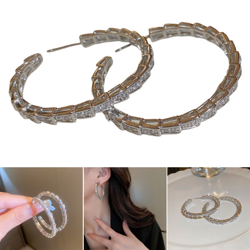 Fashion Simple Hoop Bulat Bentuk Lingkaran Anting Earring Untuk Wanita, Kilau Bulat Hoops Kristal Anting Zircon