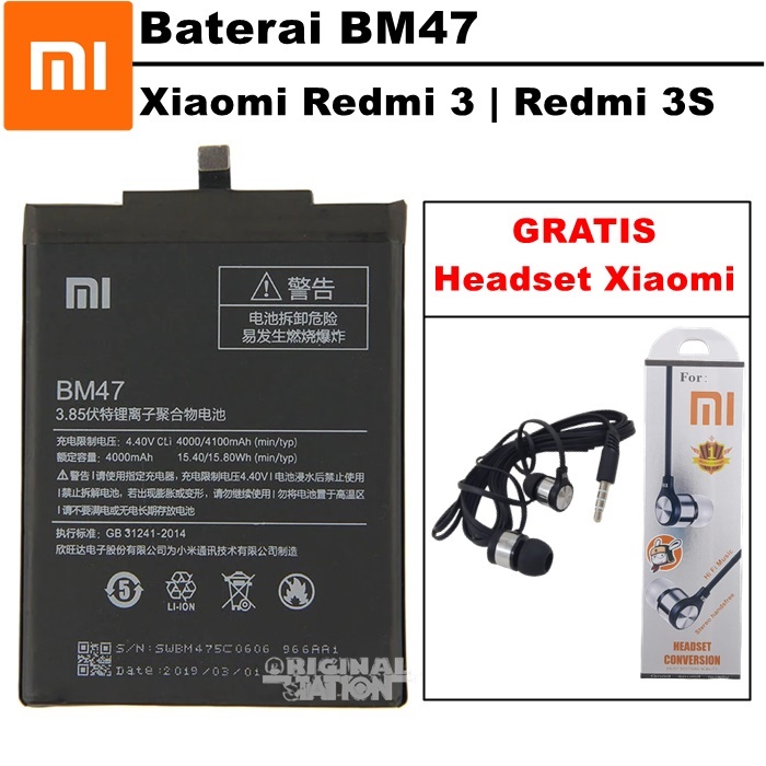 Xiaomi Baterai BM47 Battery Xiaomi Redmi 3 | Baterai Xiaomi Redmi 3S ( 4100mAh ) Original GRATIS Headset Hifi Xiaomi