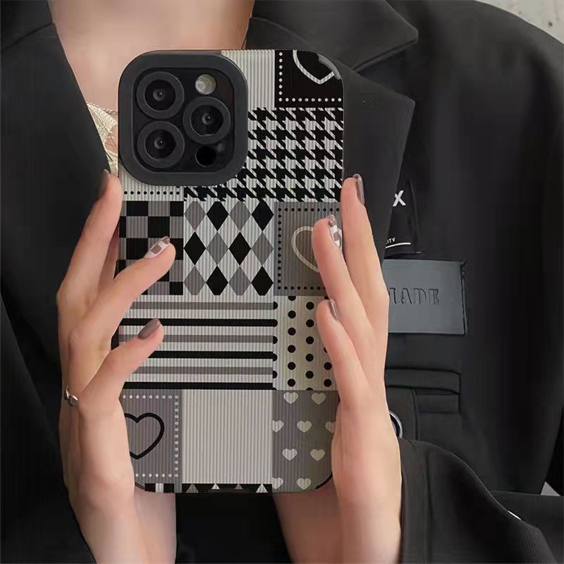 【Lamb Skin】SoftCase for IPhone 6S 7 Plus 8 Plus X XS XR XS Max 11 13 12 14 PRO Max 14 Plus 12 13 MINI Phone Case Grey Houndstooth Grid for girl Missconnie case