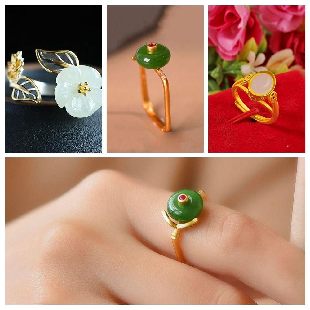 NEEDWAY Needway Hetian Jade Cincin Manis Baru Trendi Unisex Aksesoris Wanita Vintage Pesona Pesta Perhiasan Gaya Cina Cincin Bunga Hadiah Hari Valentine Dapat Disesuaikan Bergaya Rings