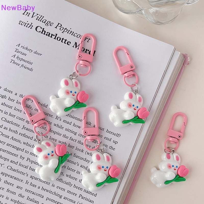 Newbaby Lucu Mini Tulip Rabbit Gantungan Kunci Lovely Pink Bunny Doll Key Chain Untuk Wanita Gadis Anak Tas Earphone Kotak Hiasan Keyring Pendant ID