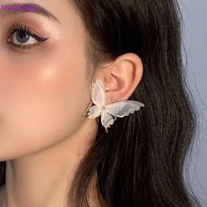 Newbaby Big Mesh Butterfly Earrings Romantis Tulle Hewan Hitam Putih Kupu-Kupu Stud Earrings Pesta Pernikahan Fashion Perhiasan ID