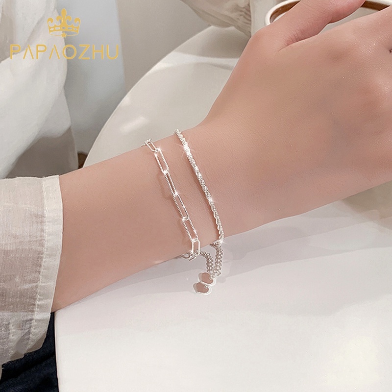 Papaozhu Indah Bersinar Perak Sequin Link Rantai Gelang Untuk Wanita Perempuan Chic Berkilau Berongga Geometris Gelang Trendi Aksesoris Tangan