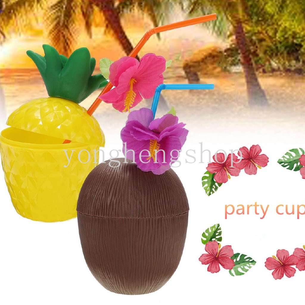 Kreatif Hawaii Pesta Nanas Kelapa Cangkir Minum Dengan Tutup Sedotan Tema Pantai Tropis Party Drinkware Drink Decor Water Juice Cups