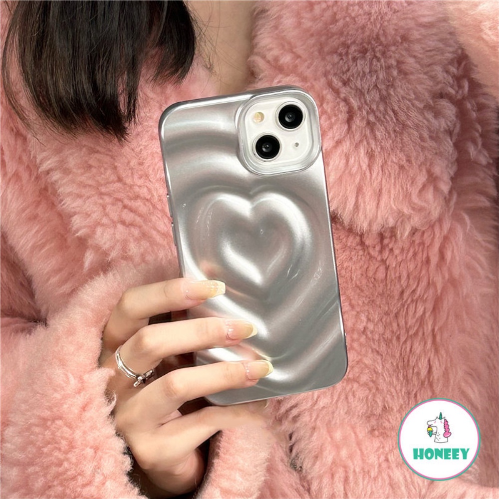 IPHONE Ins Silver 3D Love Heart Phone Case Untuk Iphone14 13 12 11 Pro Max Jepang Korea Gadis Lembut Silikon Bumper Penutup Pelindung