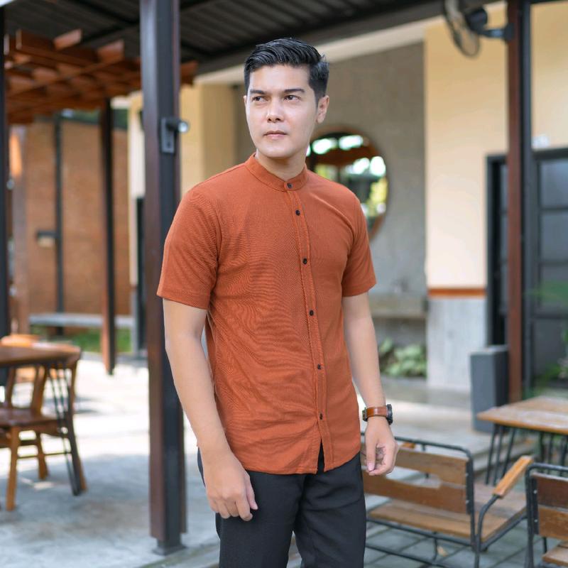 Kemeja Pria Lengan Pendek Kerah Sanghai Casual Polos Slimfit Size M - XXL