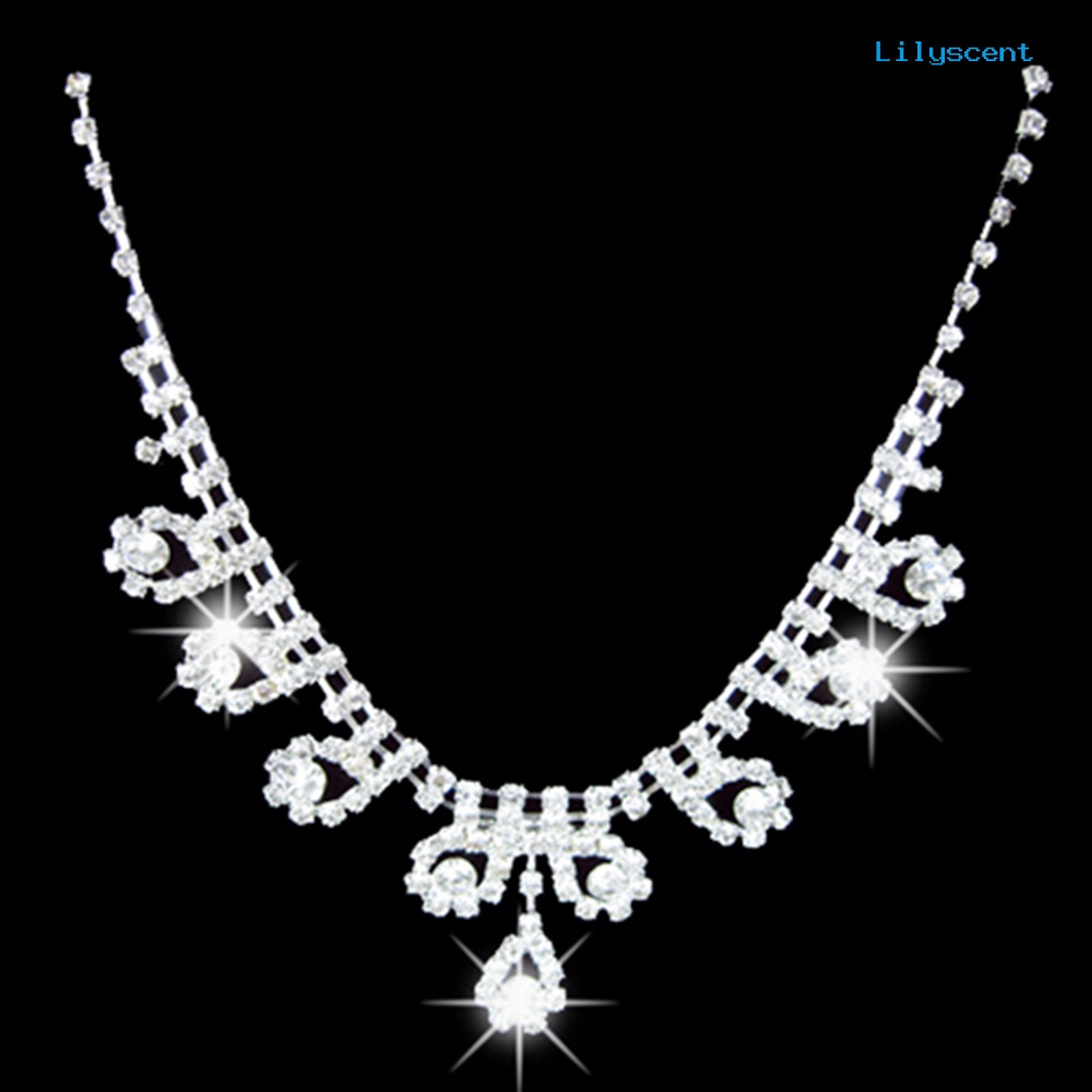 [LS]Lady Bridal Pernikahan Pertunangan Berlian Imitasi Teardrop Kalung Anting Set Perhiasan