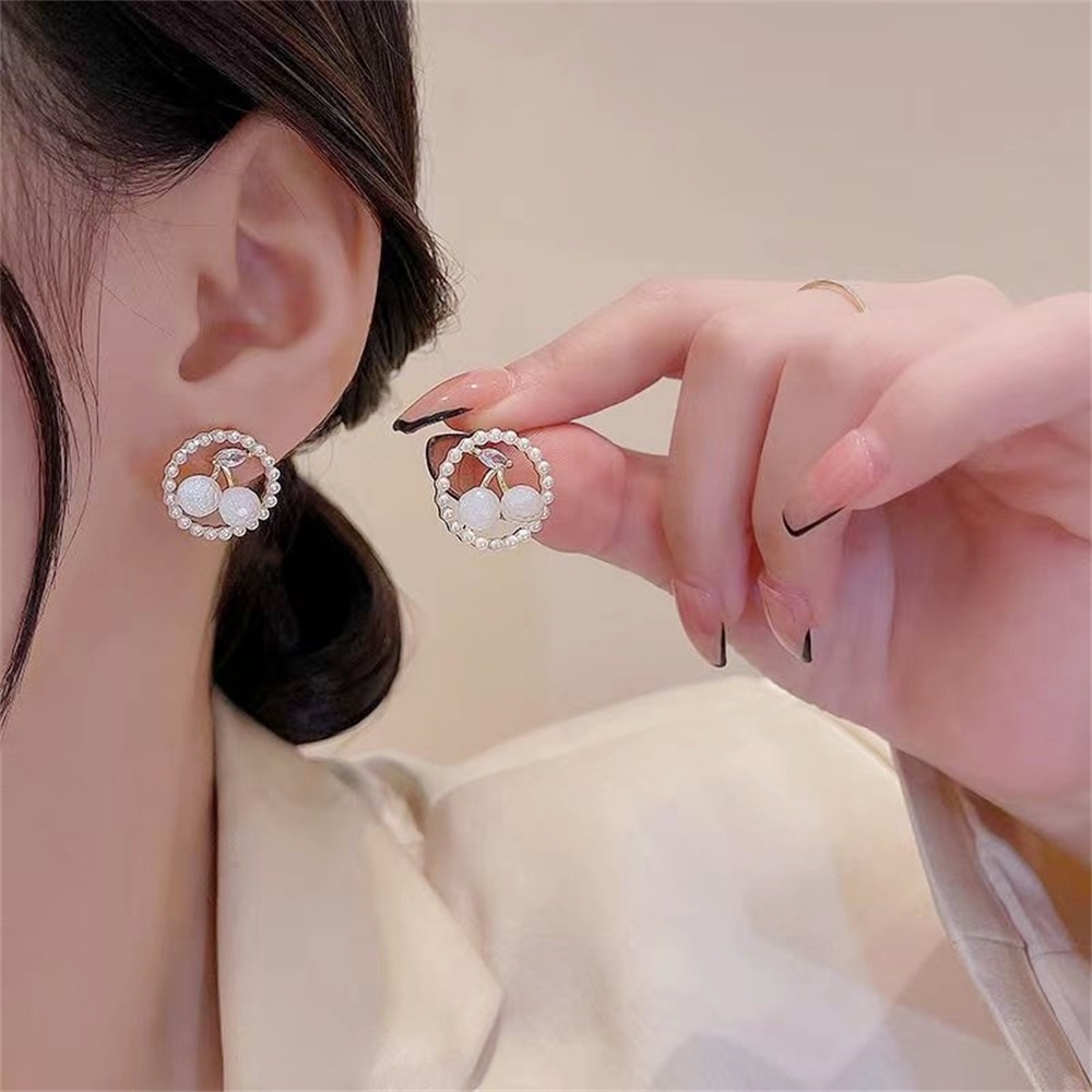 Korea Cherry Zirkon Anting Mutiara Wanita Gadis Kecil Segar Fashion Studs Earring