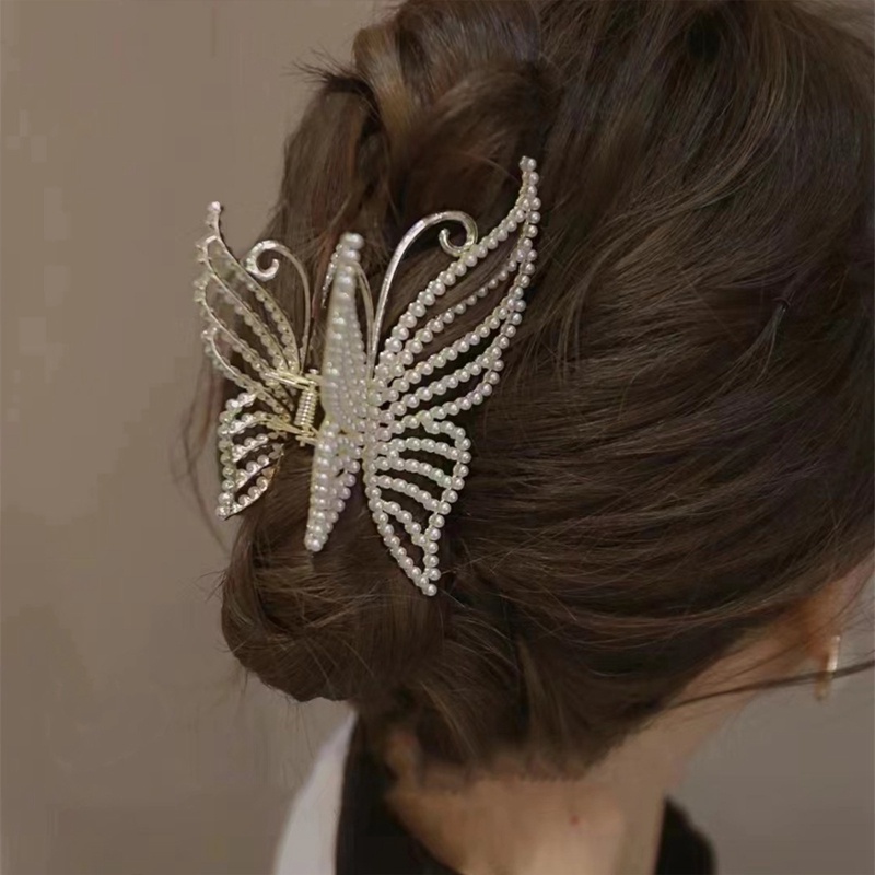 Indah Berlian Imitasi Kupu-Kupu Rambut Cakar Klip Untuk Wanita Elegan Mutiara Rambut Kepiting Barrette Hiasan Kepala Woman Hair Clip