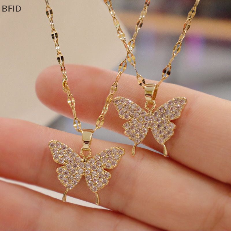 [BFID] Shiny Butterfly Necklace Indah Emas Kristal Liontin Kerah Rantai Kalung Wanita Klavikula Rantai Pesta Pernikahan Perhiasan Hadiah [ID]