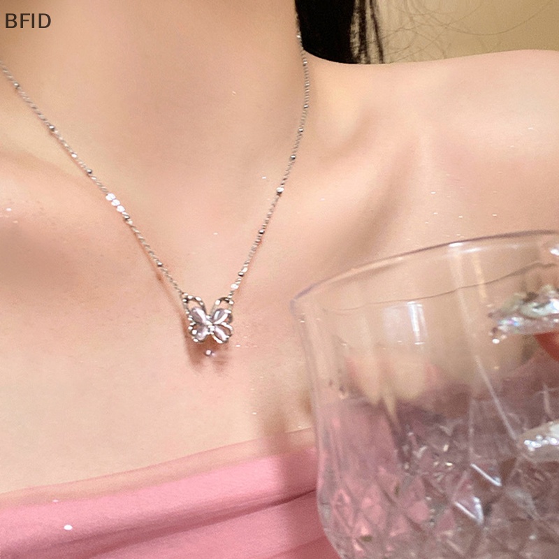 [BFID] Shiny Butterfly Necklace Indah Warna Silver Kristal Berlian Imitasi Liontin Rantai Kalung Untuk Wanita Pesta Pernikahan Perhiasan Hadiah [ID]