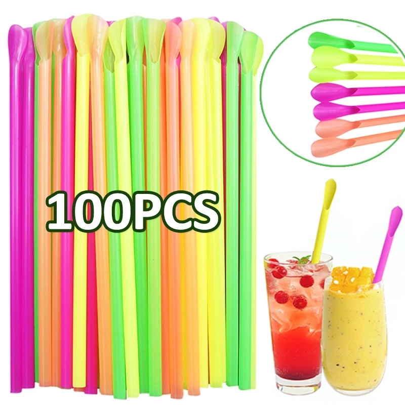 100pcs Sedotan Sendok Pengaduk Warna-Warni/Sendok Minum Plastik Sekali Pakai/Sedotan Minuman Frozen 2-In-1/sendok Milkshake Es Krim/Perlengkapan Bar Dapur Alat Makan