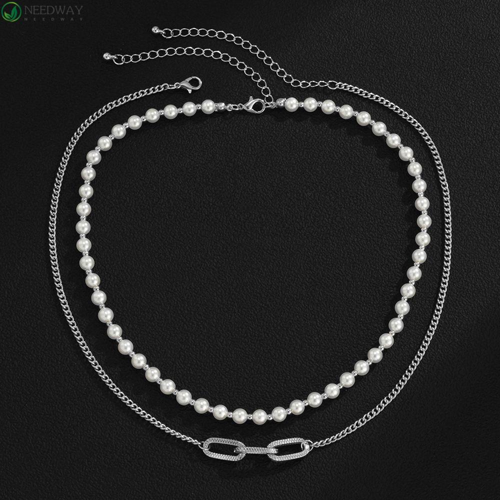 Needway Kalung Mutiara Imitasi Trendi Kreatif Hadiah Indah Double layer Perempuan Rantai Logam Temperamen Adjustable Gaya Korea Kalung