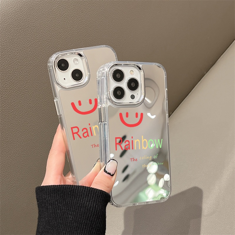 IPHONE Casing Ponsel Cermin Smile Karakter Pelangi Kompatibel Untuk Iphone11 12 13 14 12Pro 13Pro 14Pro Pro Max XR X XS Max Electroplating Tombol Perlindungan Mirror Cover