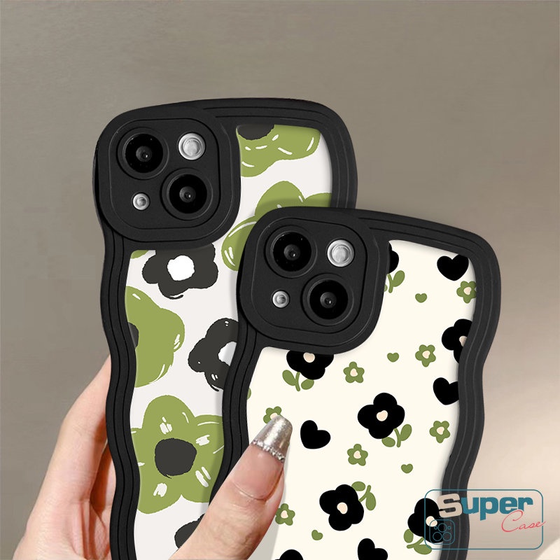 Casing Tepi Bergelombang Bunga Kecil Musim Panas Hitam Hijau Untuk Redmi 12C 9T 10C A1 9 9A 10 10A 9C A1+ Redmi Note8 11 10 9 Pro 10s 11s 9s POCO M3 X3 NFC Pro Mi 11T Pro Retro Bunga Sarung Soft Cover