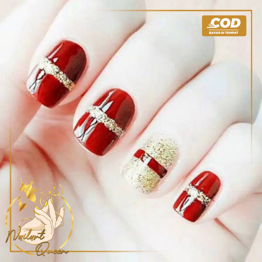 Kuku Palsu 3D Full Berlian Imitasi Untuk Pengantin Wanita Maroon Stripe